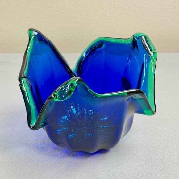 Vintage Italian Murano Style Art Glass Bowl, Cobalt Blue, Green Crest Edge 8" - Picture 2 of 15